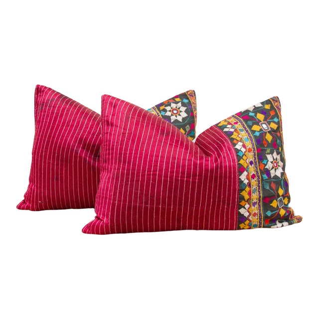 Set of Two Antique Mashru Tribal Lumbar Pillows For Sale