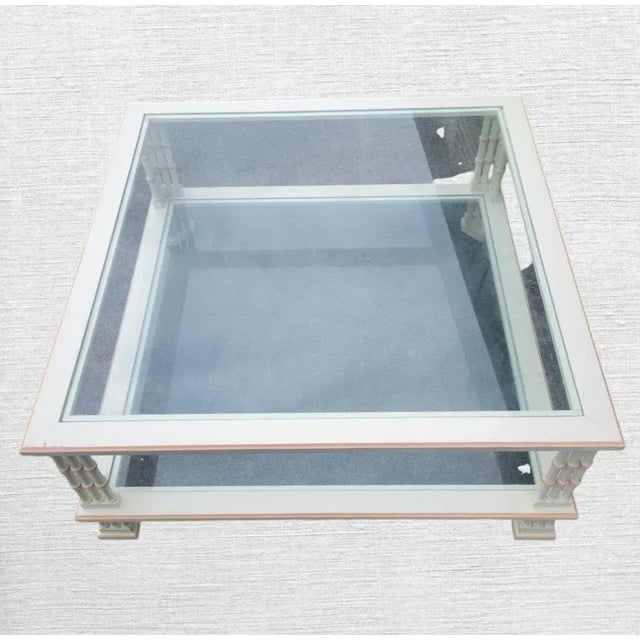 Vintage Thomasville Style Square Faux Bamboo Off White Pink Triple Leg Glass Top Coffee Table For Sale In West Palm - Image 6 of 10