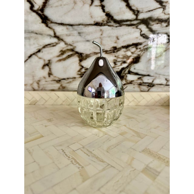Vintage 1970s silverplated lid and faceted glass bowl, pear shaped marmalade, jelly or sauce bowl with spoon. Bowl 3.5" D...
