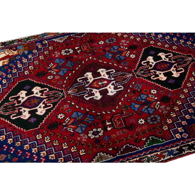 1960s Vintage Handmade Shiraz Red Geometric Wool Rug For Sale In New York - Image 6 of 7