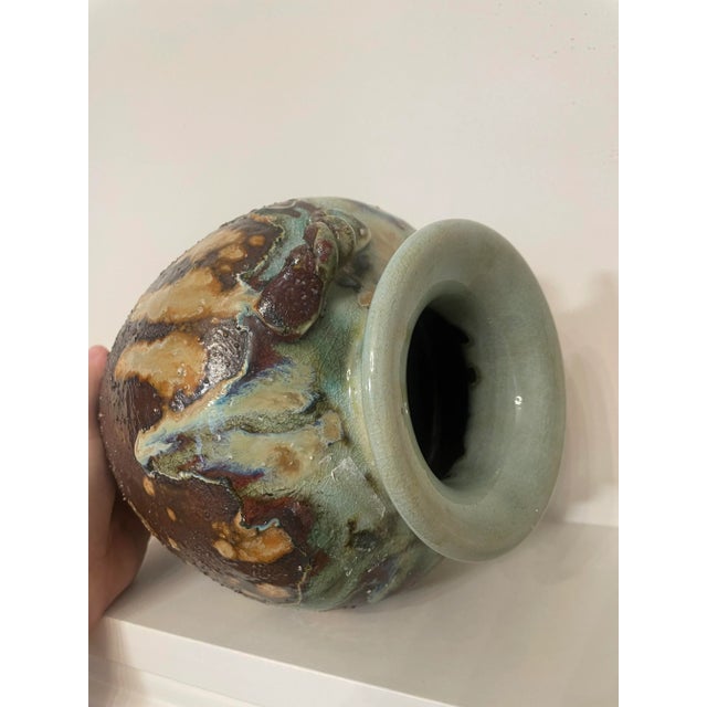 Antique Abstract Asian Raku Ceramic Pottery Vase in Celadon, Camel, Chocolate Brown For Sale - Image 9 of 12