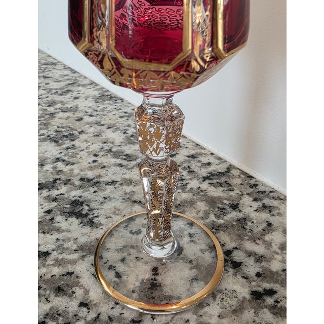 Moser Bohemian Cut to Clear Paneled Cranberry Red Gold Gilt Stemmed Cordial Glasses - Set of 8 For Sale - Image 9 of 18