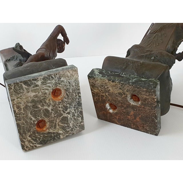 Art Deco Metal and Marble Fisherman's Lamps, 1940s, Set of 2 For Sale - Image 4 of 11