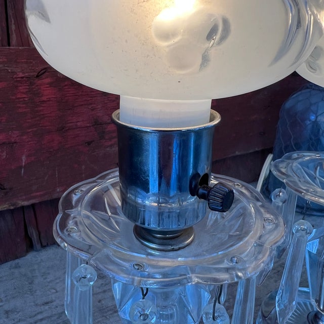 Glass Pair of Vintage Crystal Boudoir Table Lamps With Frosted Floral Glass Shades For Sale - Image 7 of 18