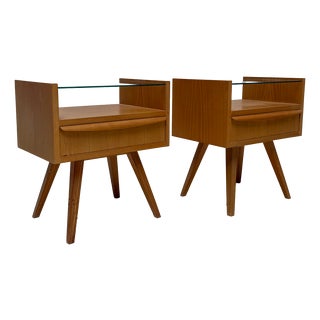 Mid-Century Walnut Nightstands with Glass Shelves, 1960s, Set of 2 For Sale