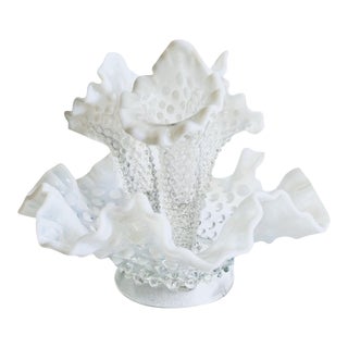 White Opaline Blown Glass Epergne Vase With Hobnail Design, C. 1950's For Sale