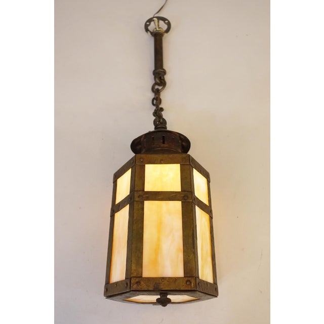 Metal 1910s Arts & Crafts Copper Iron Stained Glass Mission Hexagon Chimney Lantern Hanging Lamp 1910's For Sale - Image 7 of 14