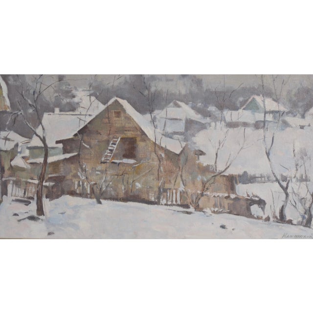 Emmanuil Abramovich Kaminski (b.1927) Winter Landscape w/ Barn c.1970 Wonderful Winter landscape by listed Jewish artist...