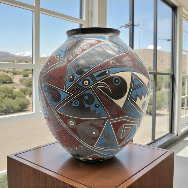 A signed Mata Ortiz ceramic vessel by Rodrigo Perez, defined by disciplined panel construction and a controlled polychrome...