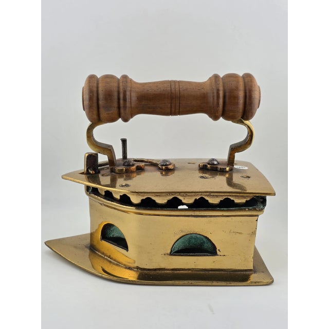 Antique C1850 Middle East Handmade Brass Charcoal Big Press Iron W Wooden Handle For Sale - Image 10 of 15