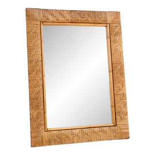 1970s Italian Rattan and Bamboo Mirror For Sale