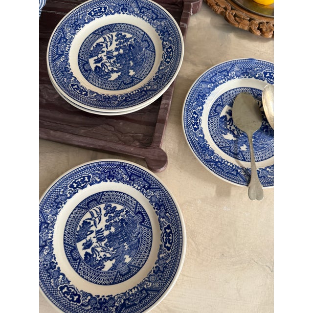 Ceramic Vintage Blue Willow Plates Set of Five Ironstone Style 6 3/8 Inch For Sale - Image 7 of 12