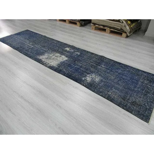 1960s Vintage Turkish Blue Overdyed Runner Rug - 2′11″ × 12′ For Sale - Image 5 of 6