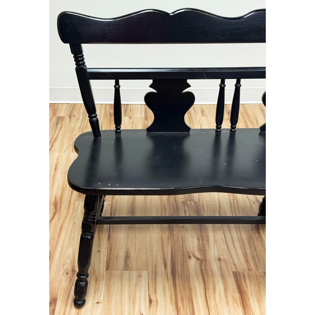 Wood Vintage Early American Style Black Carved Wood Bench For Sale - Image 7 of 12