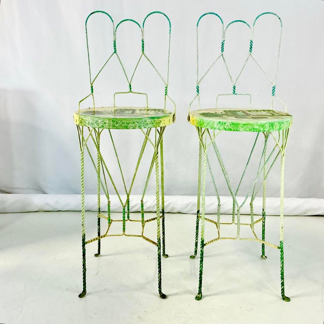 Mid-Century Modern 1970s Vintage Boho Chic Italian Ice Cream Cafe Indoor Outdoor Bar Stools Convertible Drinks Tables - A Pair For Sale - Image 3 of 18