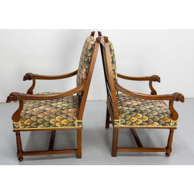 Wood Louis XIII French Open Armchairs with Goat and Lion Heads, 1900, Set of 2 For Sale - Image 7 of 15
