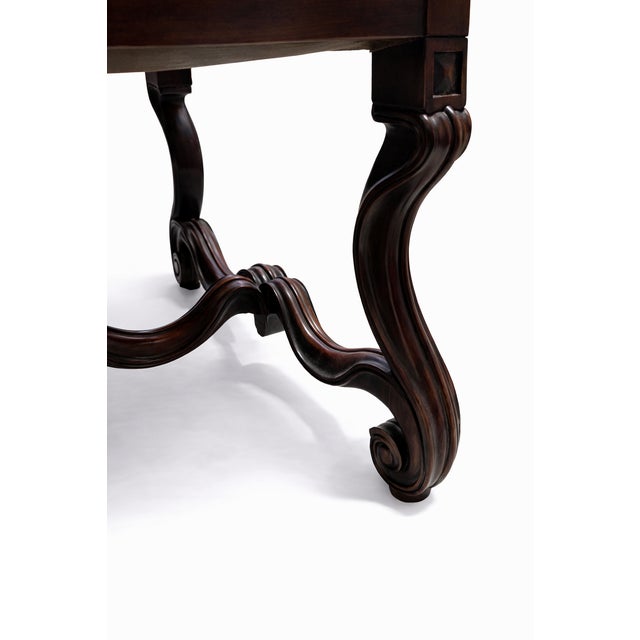 Brown Antique French High-Back Armchair with Damask Upholstery For Sale - Image 8 of 9