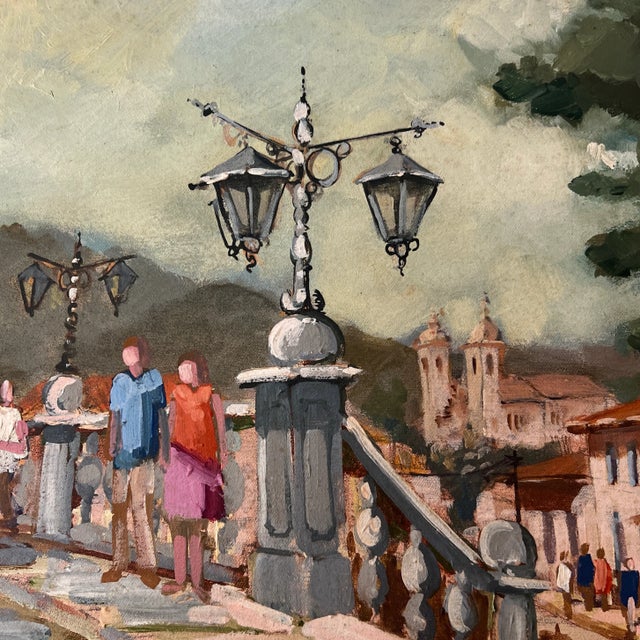 Blue 20th Century European School Oil on Canvas Framed Signed Urban Terrace Scene For Sale - Image 8 of 10