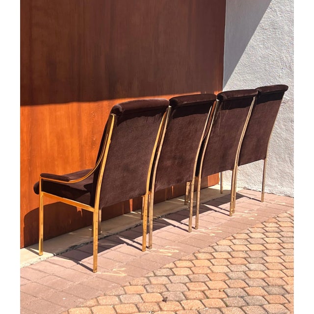 20th Century Brass And Brown Velvet Dining Room Chairs - Set of 4 For Sale In Los Angeles - Image 6 of 12