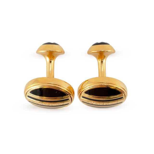 Modern Men’s Retired Montblanc Gold Plated Black Enamel Round Cufflinks, Pair For Sale - Image 3 of 8