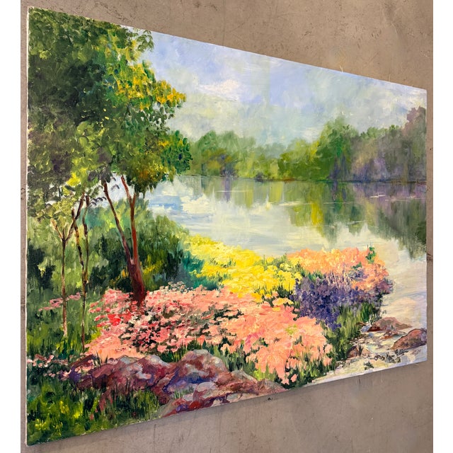 This artwork is an impressionistic oil painting on canvas depicting a serene landscape. Signed Marion Saltzman on the...