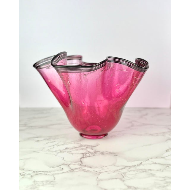Glass Large 12" Signed Paul Bendzunas Magenta & Gold Fleck Hand-Blown Art Glass Handkerchief Bowl For Sale - Image 7 of 12