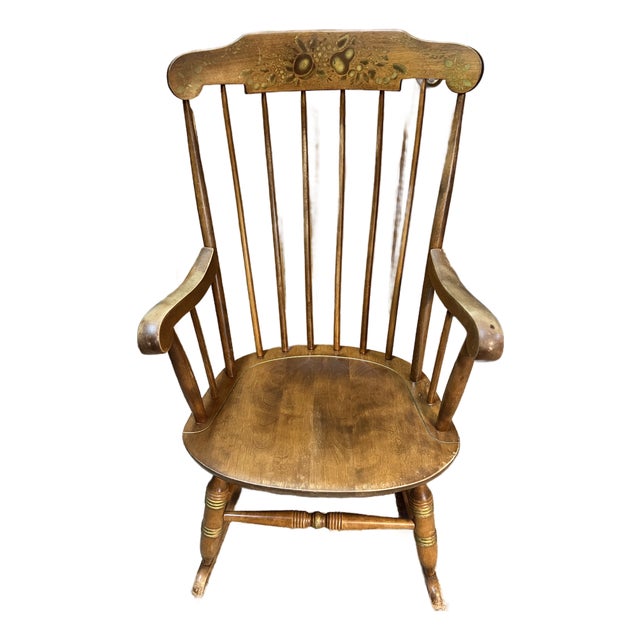 Vintage Nichols & Stone Boston Rocker – Gardner, Mass – Hand-Painted Fruit & Floral Crest For Sale