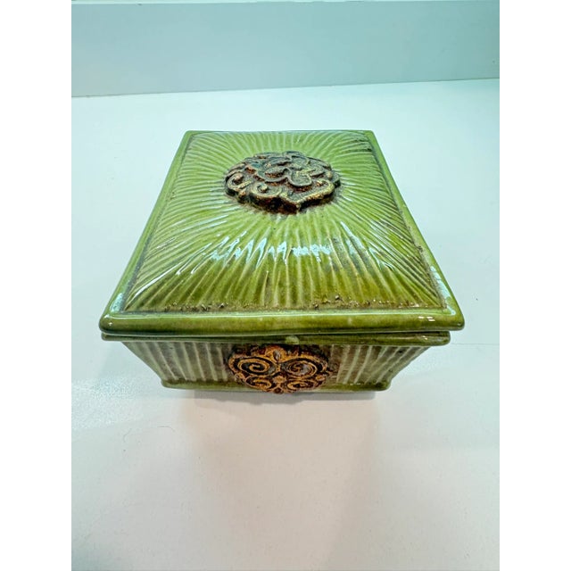Ceramic Vintage Italian Green Glazed Ceramic Trinket Box With Gold Filigree Medallions For Sale - Image 7 of 7