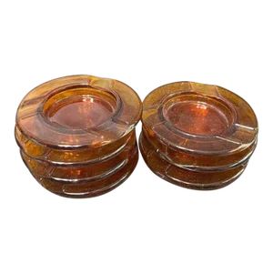 Vintage Mid Century Retro Dark Amber Glass Round 3-Slot Ashtrays- Set of 7