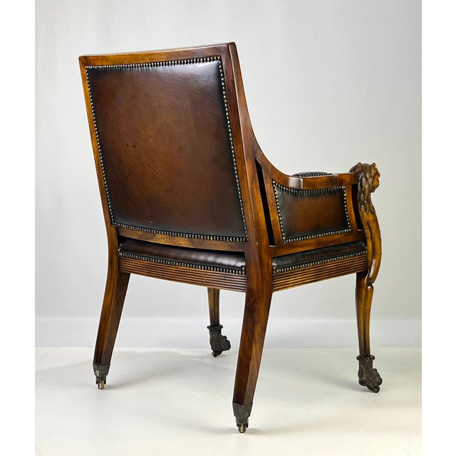 Pair of Theodore Alexander Regency Style Carved Lion & Hairy Paw Caster Armchairs in Brown Leather For Sale - Image 12 of 17