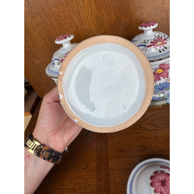 Vintage Hand-Painted Faience Floral Ceramic Canister Set – European Country Kitchen Storage (Set of 3) For Sale - Image 4 of 12