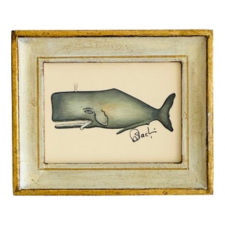 Original Hand-Painted Whimsical Baby Whale Painting in a Vintage Frame For Sale