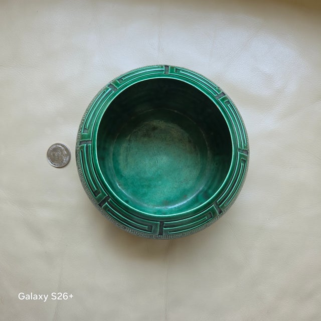 Vintage Art Deco Green Monochrome Glazed Porcelain Greek Key Bowl For Sale - Image 11 of 12
