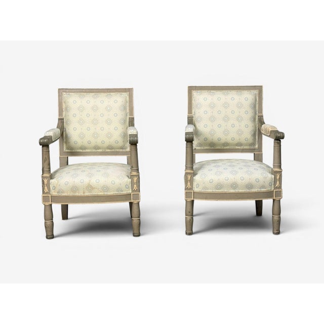 Mid 19th Century Gustavian, Lounge Chairs, Grey Paint Decorated, Fabric, Sweden, 19th C. For Sale - Image 5 of 13
