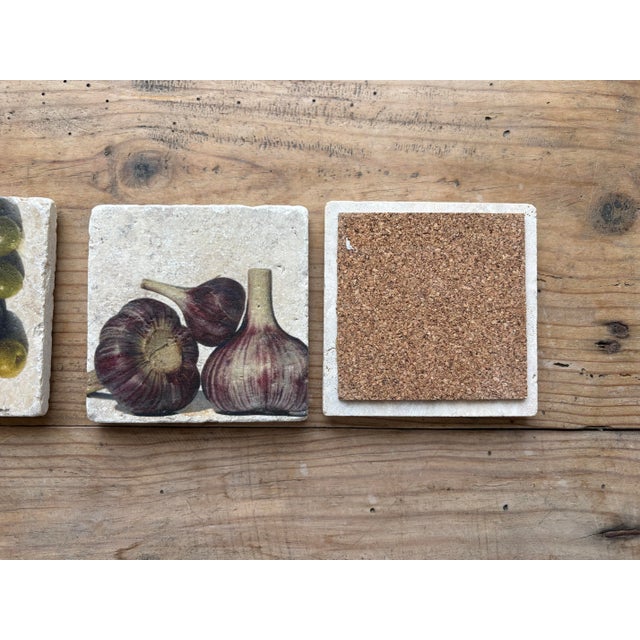 Vintage Italian Olive & Garlic Travertine Stone Coasters, Set of 3 For Sale - Image 9 of 10