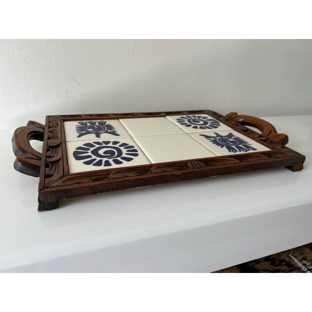 Mexican Vintage Mexican Monterrey Tile & Carved Wooden Tray For Sale - Image 3 of 9