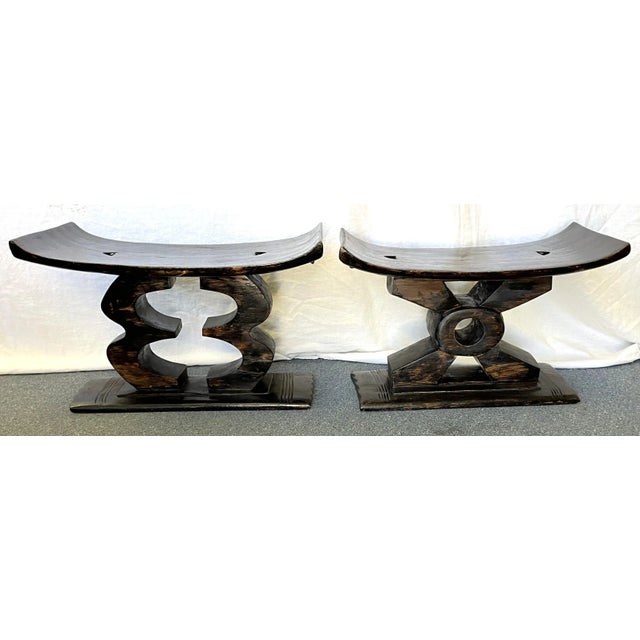 Coordinating Pair of Low African Style Wood Asante Stools- a Pair For Sale - Image 9 of 13