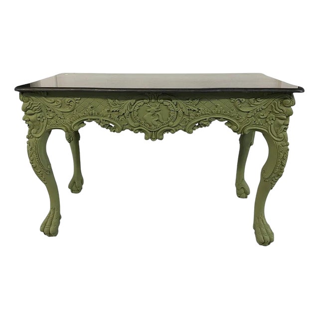 Antique Style Carved Green Wood Marble Top Console Table. For Sale