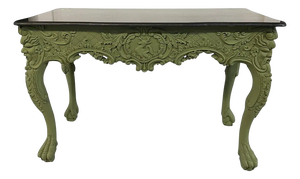 Antique Style Carved Green Wood Marble Top Console Table.