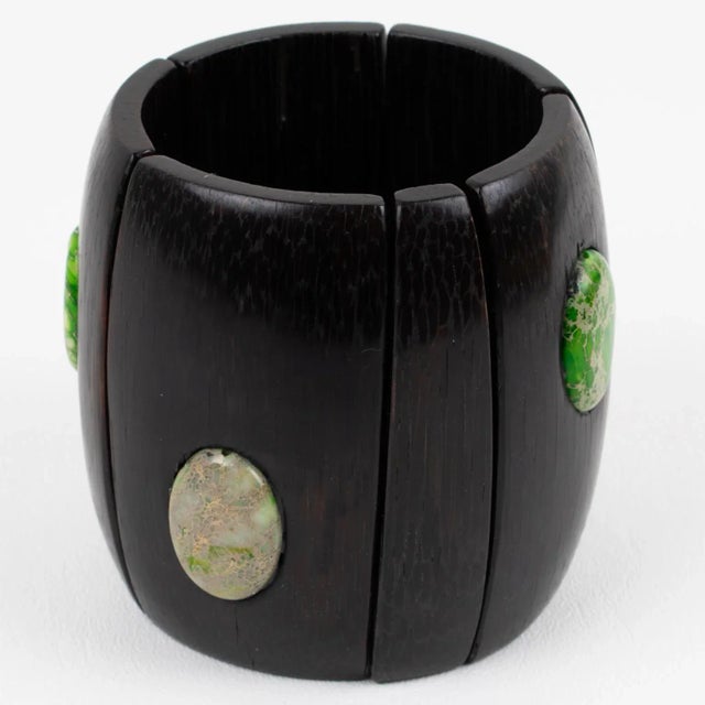 Monies Massive Ebony Wood and Stone Cabochons Stretch Bracelet Bangle For Sale - Image 10 of 12