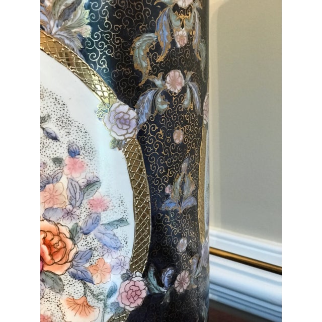 French Vintage 1980s Porcelain Flora Umbrella Stand in Cobalt Blue With Multi Colors and Textured Gold Accents For Sale - Image 3 of 6