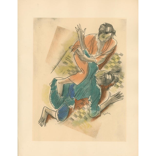 Original 1932 Art Deco sporting print by Milivoj Uzelac depicting two wrestlers in a dynamic grappling pose. From the...