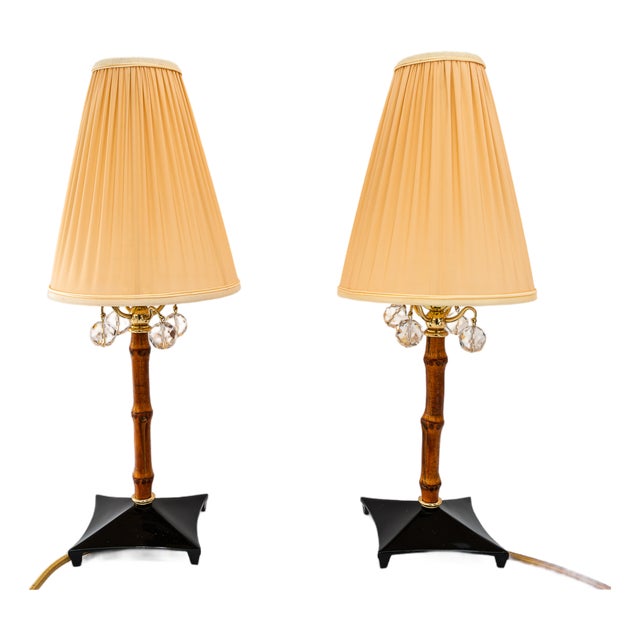 Vintage Bamboo Table Lamps with Fabric Shades by Rupert Nikoll, 1950s, Set of 2 For Sale