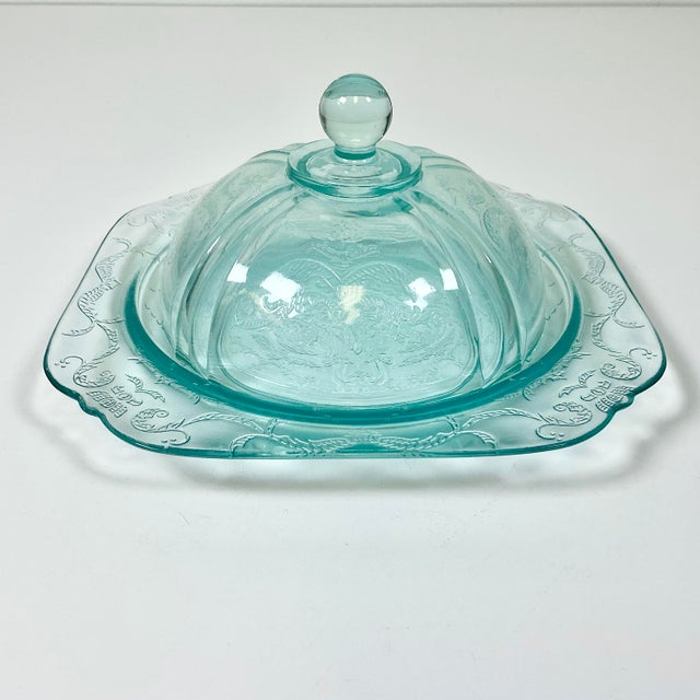 Tiffany Blue 1970s Vintage Art Deco Hollywood Regency Indiana Glass Co. Recollection Covered Butter Dish For Sale - Image 8 of 10