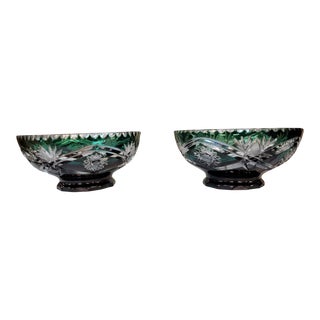 Pair of 1990s Emerald Green Cut to Clear Crystal Bowls For Sale