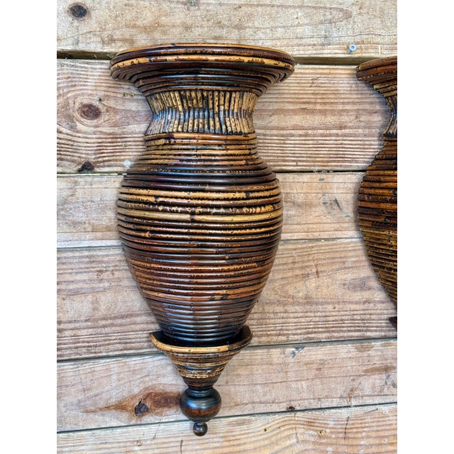 Wood Vintage Boho Sculptural Pencil Rattan Wall Sconces With Ribbed Urn Form For Sale - Image 7 of 11