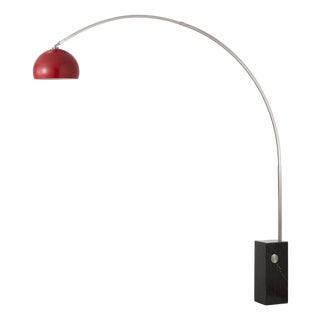 Nova Mid Century Modern Iconic Half Dome Floor Lamp - Black Marble Base, Crimson Red Shade, Modern Arc Lamp For Sale