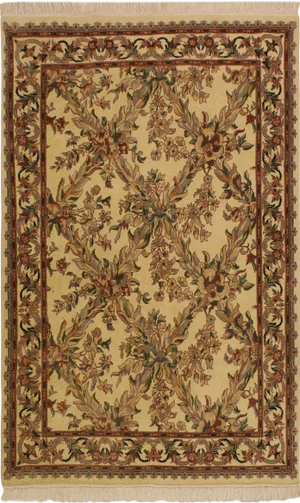1980s Shabby Chic Basan Ivory/Gray Wool Rug - 4'0 X 6'2