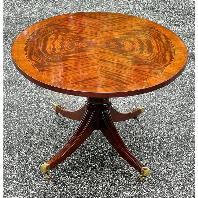 1990s Regency Style Flame Mahogany Banded Oval Coffee Table For Sale - Image 5 of 8