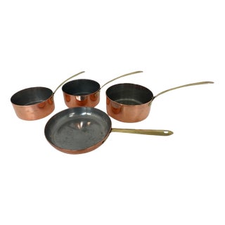 Polished Copper Pots and Pan with Brass Handles from Tagus, Portugal, Set of 4 For Sale